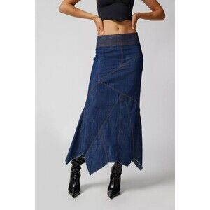 Urban Outfitter Evie Seamed Denim Midi Skirt Asymmetrical Pullon Cotton L 280828